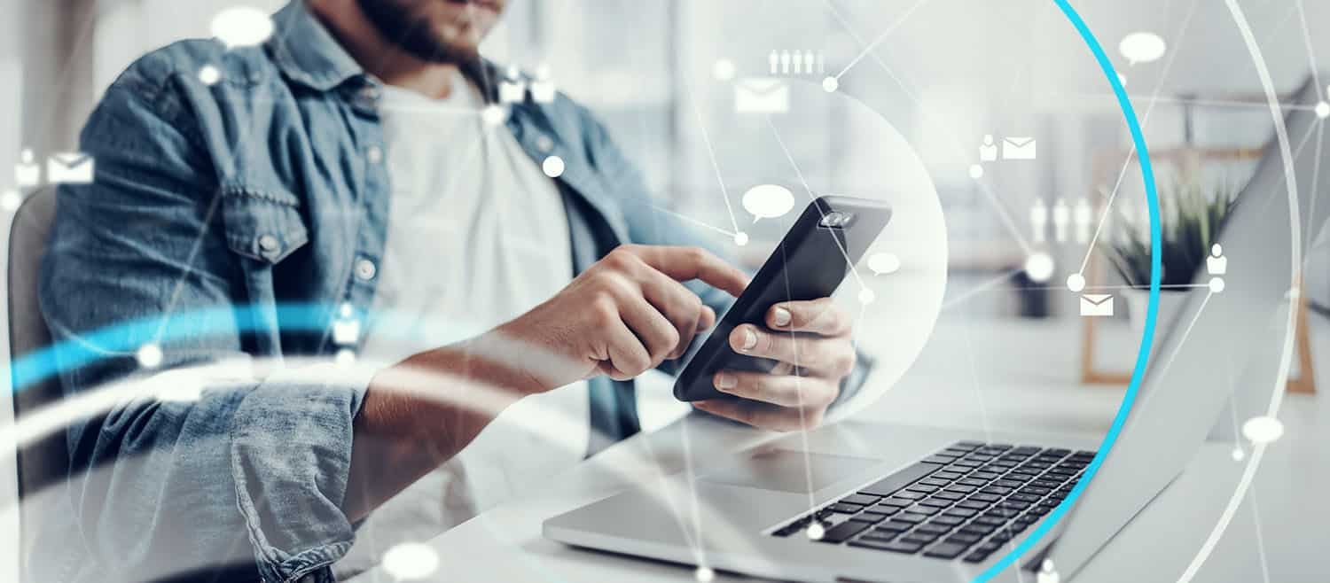 Young businessman working remotely at home. Concept of networking or remote work. Global business network. Online courses.